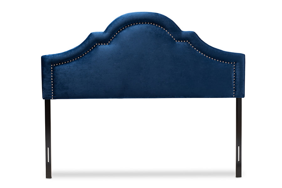 baxton studio rita modern and contemporary navy blue velvet fabric upholstered queen size headboard | Modish Furniture Store-3