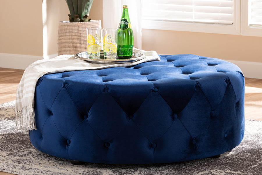 Baxton Studio Cardiff Transitional Royal Blue Velvet Fabric Upholstered Button Tufted Cocktail Ottoman | Modishstore | Ottomans