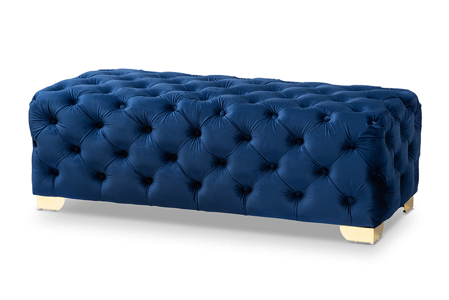 baxton studio avara glam and luxe royal blue velvet fabric upholstered gold finished button tufted bench ottoman | Modish Furniture Store-2