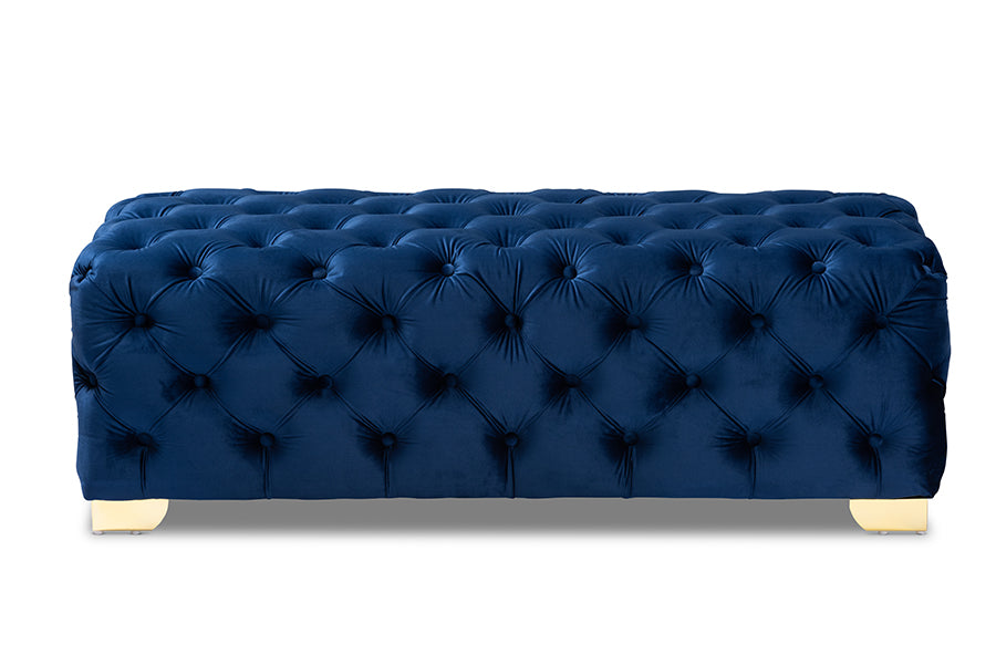 baxton studio avara glam and luxe royal blue velvet fabric upholstered gold finished button tufted bench ottoman | Modish Furniture Store-3