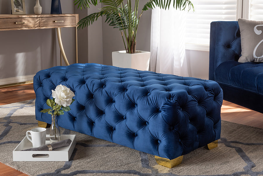 Baxton Studio Avara Glam and Luxe Royal Blue Velvet Fabric Upholstered Gold Finished Button Tufted Bench Ottoman | Modishstore | Ottomans