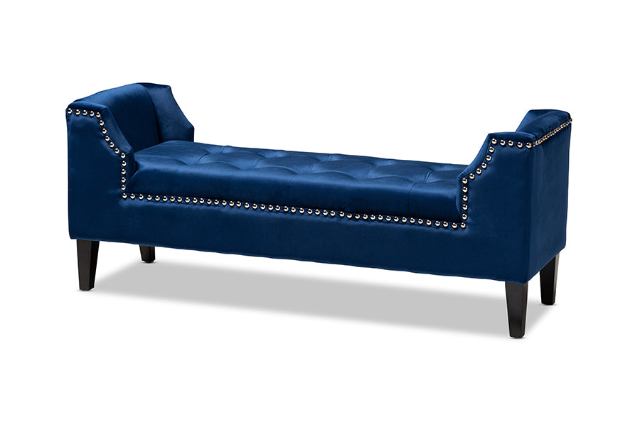 baxton studio perret modern and contemporary royal blue velvet fabric upholstered espresso finished wood bench | Modish Furniture Store-2