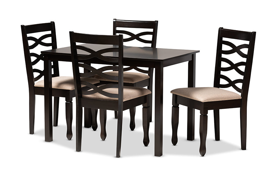 baxton studio lanier modern and contemporary sand fabric upholstered espresso brown finished wood 5 piece dining set | Modish Furniture Store-2