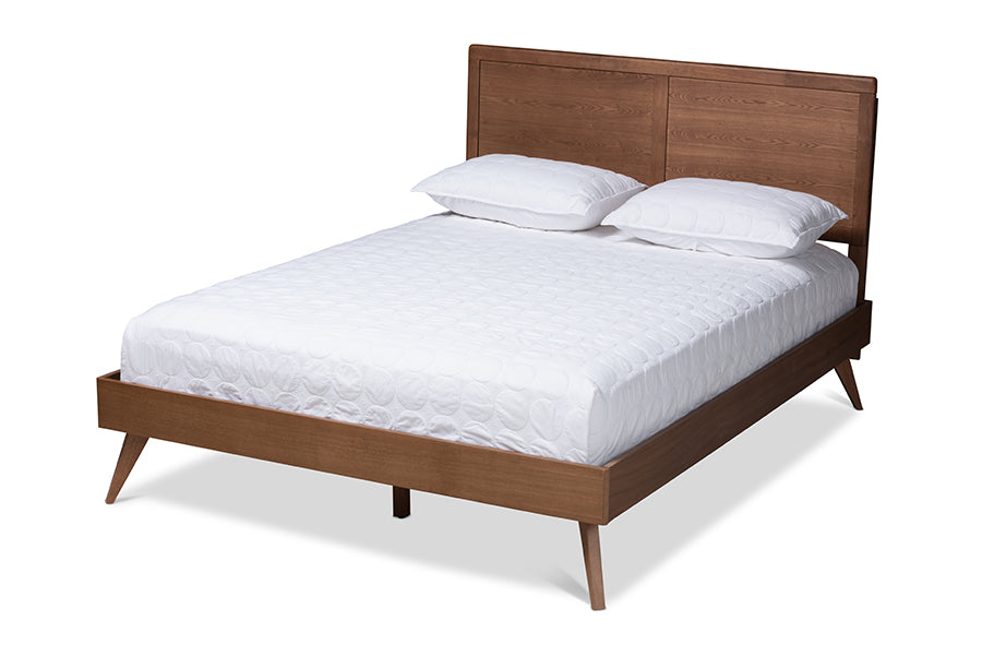 baxton studio zenon mid century modern walnut brown finished wood full size platform bed | Modish Furniture Store-2