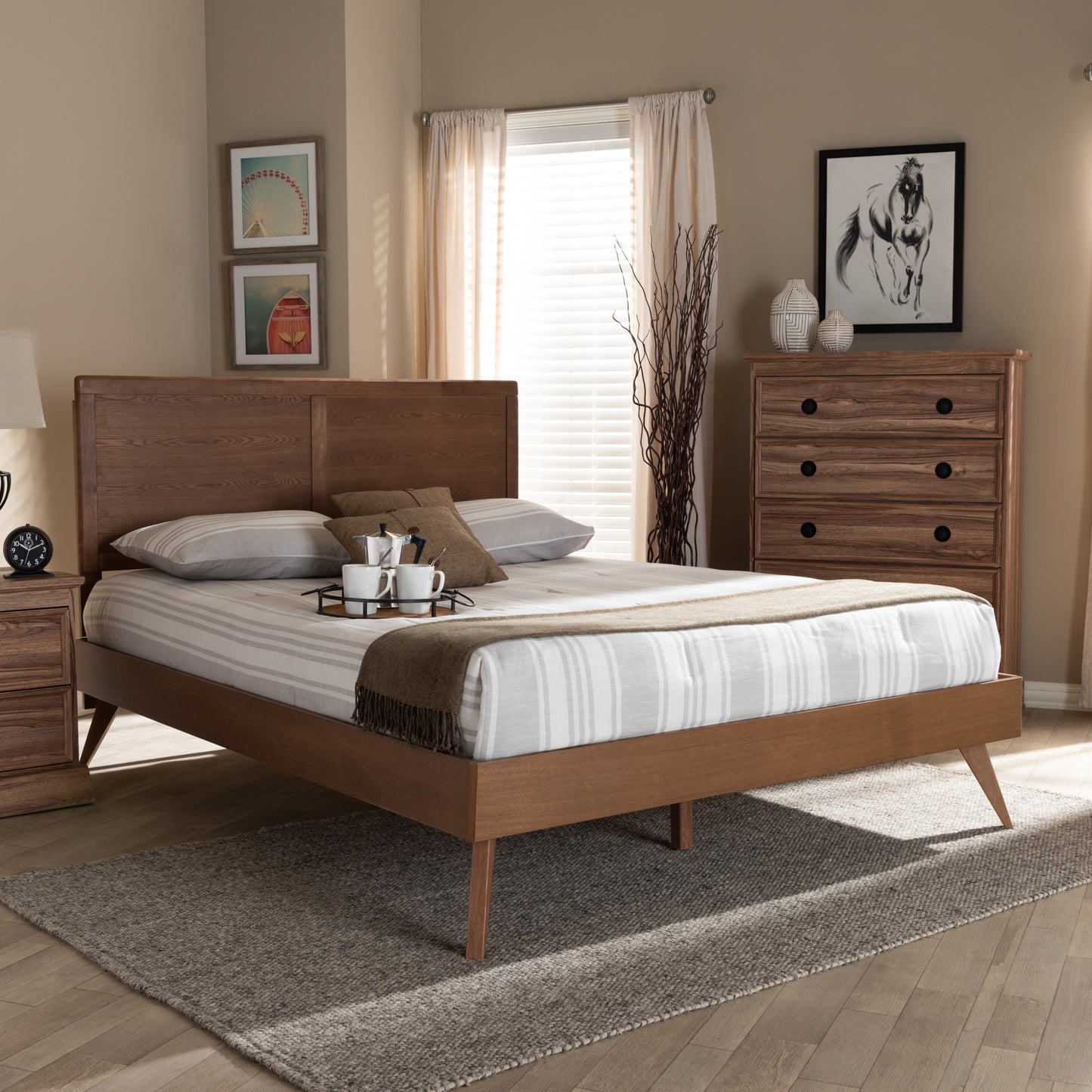 Baxton Studio Zenon Mid-Century Modern Walnut Brown Finished Wood Queen Size Platform Bed | Beds | Modishstore