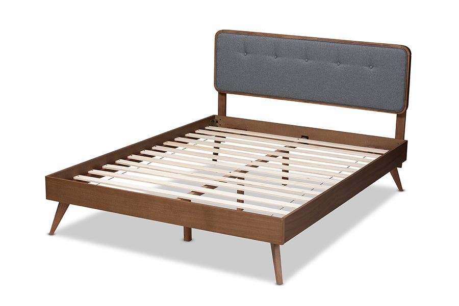 Baxton Studio Dilara Mid-Century Modern Dark Grey Fabric Upholstered Walnut Brown Finished Wood Full Size Platform Bed | Beds | Modishstore - 6
