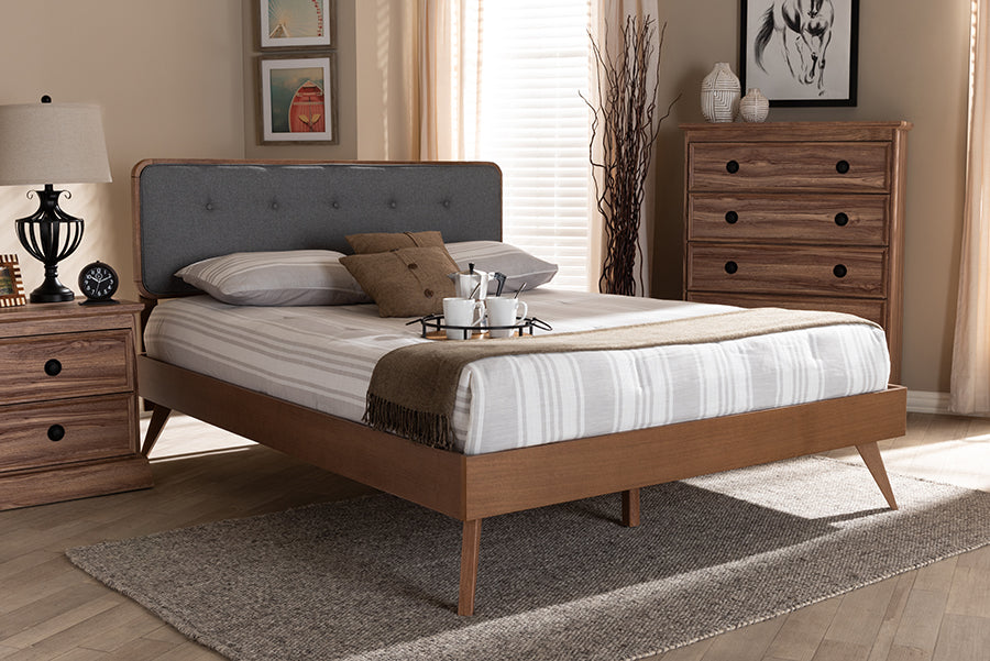 Baxton Studio Dilara Mid-Century Modern Dark Grey Fabric Upholstered Walnut Brown Finished Wood King Size Platform Bed | Modishstore | Beds