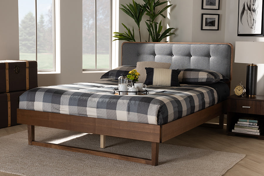 Baxton Studio Natalia Mid-Century Modern Dark Grey Fabric Upholstered and Ash Walnut Finished Wood Full Size Platform Bed | Beds | Modishstore - 2