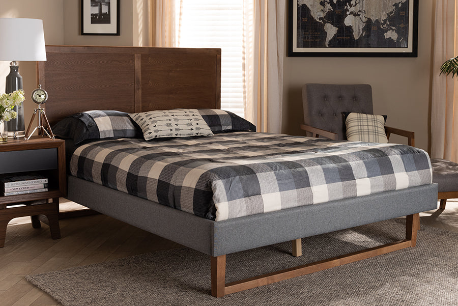 Baxton Studio Allegra Mid-Century Modern Dark Grey Fabric Upholstered and Ash Walnut Brown Finished Wood Full Size Platform Bed | Beds | Modishstore