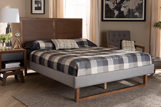 Baxton Studio Eloise Rustic Modern Light Grey Fabric Upholstered and Ash Walnut Brown Finished Wood Queen Size Platform Bed | Beds | Modishstore