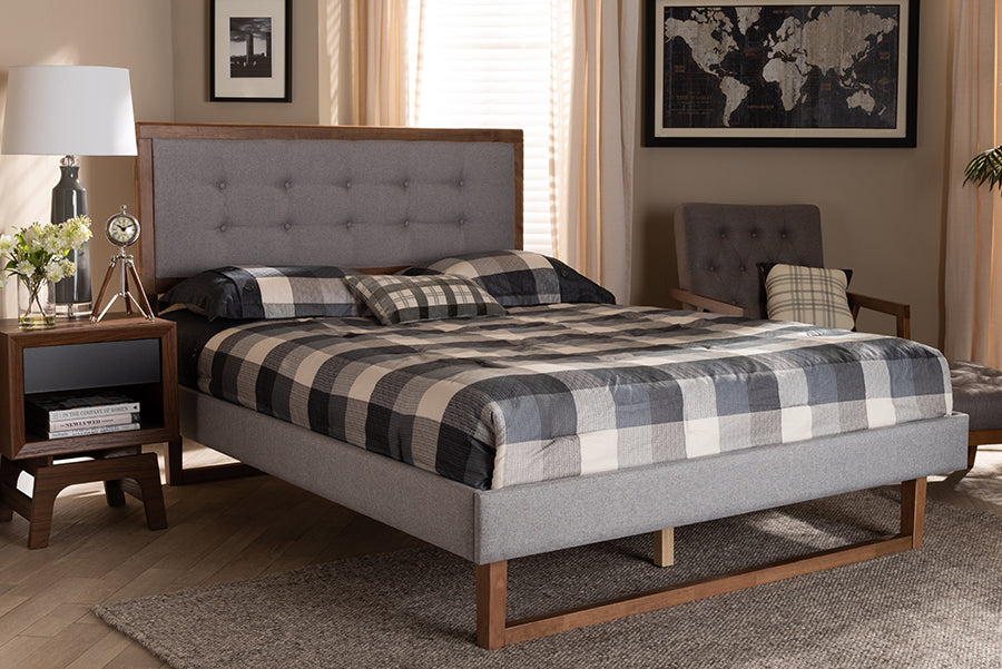 Baxton Studio Livinia Modern Transitional Light Grey Fabric Upholstered and Ash Walnut Brown Finished Wood King Size Platform Bed | Beds | Modishstore