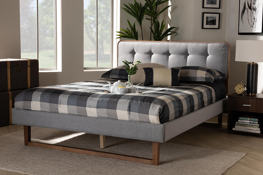 Baxton Studio Sofia Mid-Century Modern Light Grey Fabric Upholstered and Ash Walnut Finished Wood Queen Size Platform Bed | Beds | Modishstore - 2