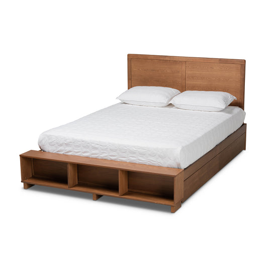 Baxton Studio Tamsin Modern Transitional Ash Walnut Brown Finished Wood Queen Size 4-Drawer Platform Storage Bed with Built-In Shelves | Beds | Modishstore