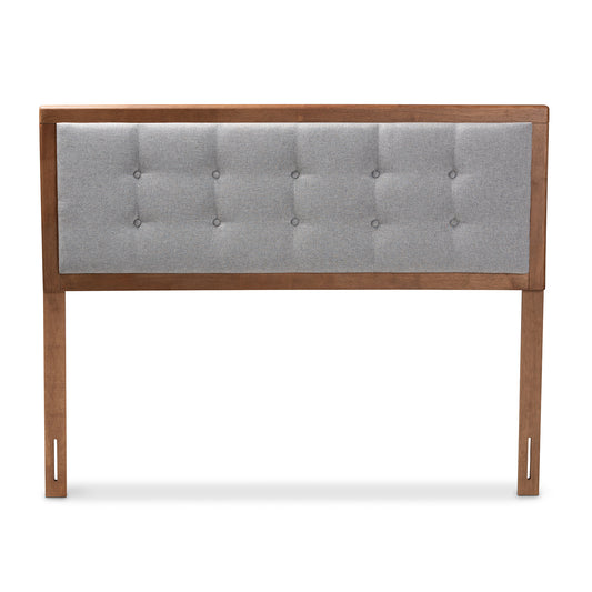 Baxton Studio Sarine Mid-Century Modern Light Grey Fabric Upholstered Walnut Brown Finished Wood King Size Headboard | Headboards | Modishstore