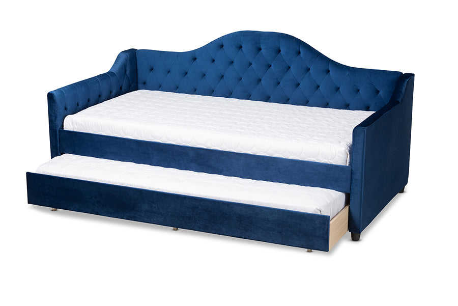 Baxton Studio Perry Modern and Contemporary Royal Blue Velvet Fabric Upholstered and Button Tufted Twin Size Daybed with Trundle | Daybeds | Modishstore - 4