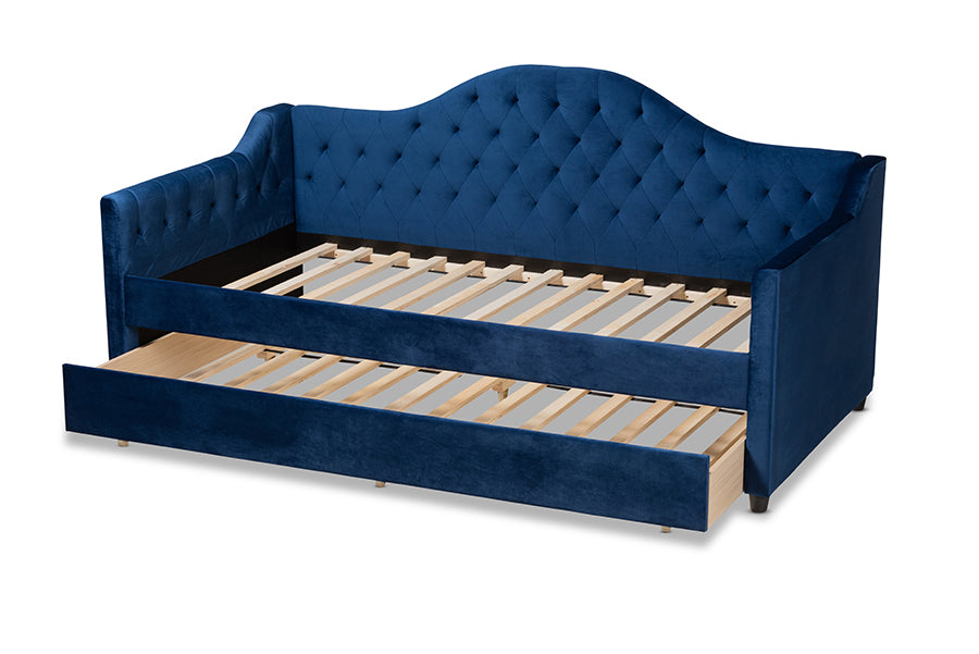 Baxton Studio Perry Modern and Contemporary Royal Blue Velvet Fabric Upholstered and Button Tufted Twin Size Daybed with Trundle | Daybeds | Modishstore - 5