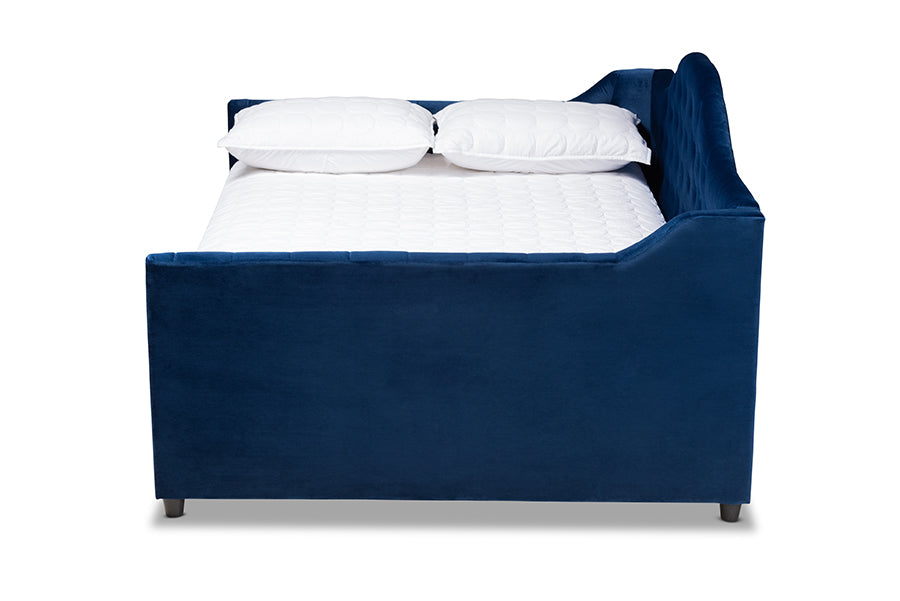 Baxton Studio Perry Modern and Contemporary Royal Blue Velvet Fabric Upholstered and Button Tufted Twin Size Daybed with Trundle | Daybeds | Modishstore - 6