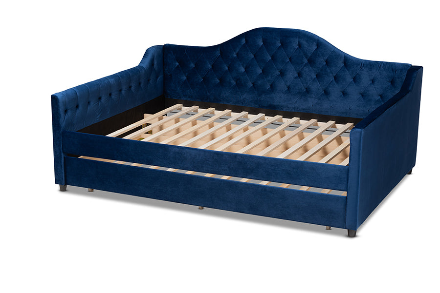 Baxton Studio Perry Modern and Contemporary Royal Blue Velvet Fabric Upholstered and Button Tufted Twin Size Daybed with Trundle | Daybeds | Modishstore - 8