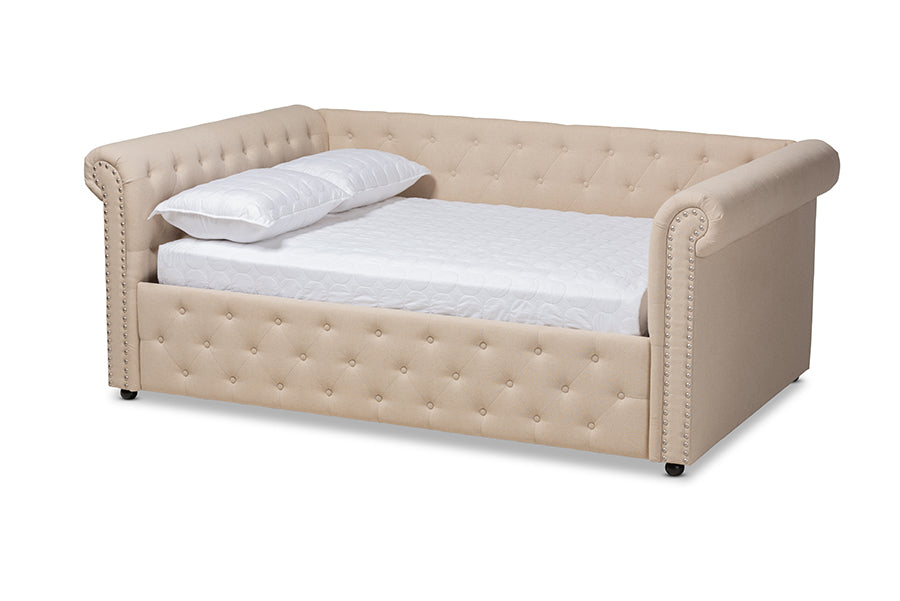 baxton studio mabelle modern and contemporary beige fabric upholstered queen size daybed | Modish Furniture Store-2