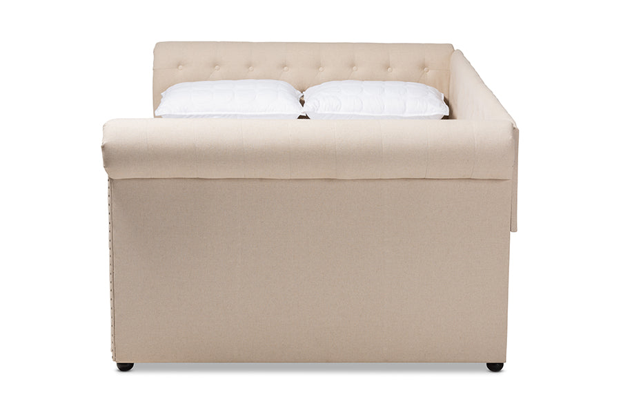 baxton studio mabelle modern and contemporary beige fabric upholstered queen size daybed | Modish Furniture Store-3