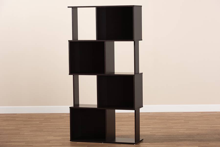 Baxton Studio Riva Modern and Contemporary Dark Brown Finished Geometric Wood Bookshelf | Modishstore | Bookcases - 2