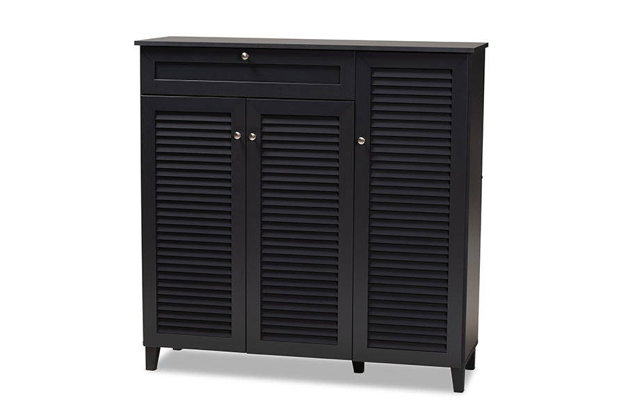 baxton studio coolidge modern and contemporary dark grey finished 11 shelf wood shoe storage cabinet with drawer | Modish Furniture Store-2