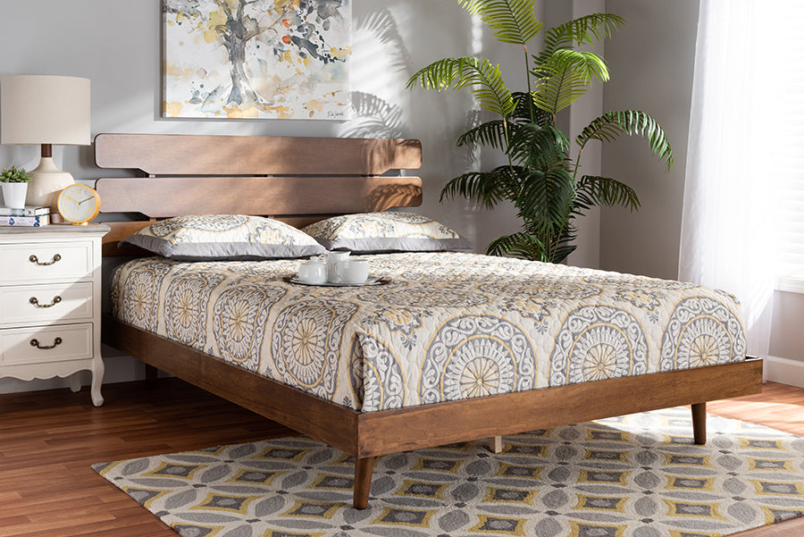 Baxton Studio Anzia Mid-Century Modern Walnut Finished Wood Queen Size Platform bed | Modishstore | Beds