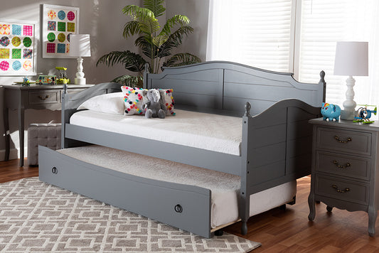 Baxton Studio Mara Cottage Farmhouse Grey Finished Wood Twin Size Daybed with Roll-Out Trundle Bed | Modishstore | Beds