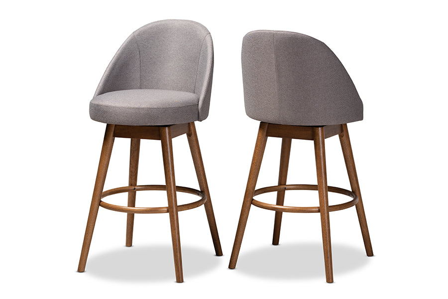 baxton studio carra mid century modern grey fabric upholstered walnut finished wood swivel bar stool set of 2 | Modish Furniture Store-2