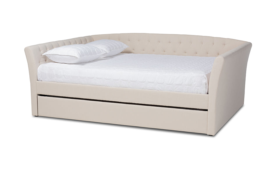 baxton studio delora modern and contemporary beige fabric upholstered queen size daybed with roll out trundle bed | Modish Furniture Store-2