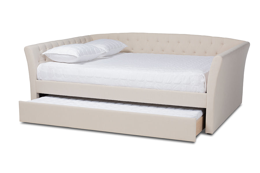 baxton studio delora modern and contemporary beige fabric upholstered queen size daybed with roll out trundle bed | Modish Furniture Store-3