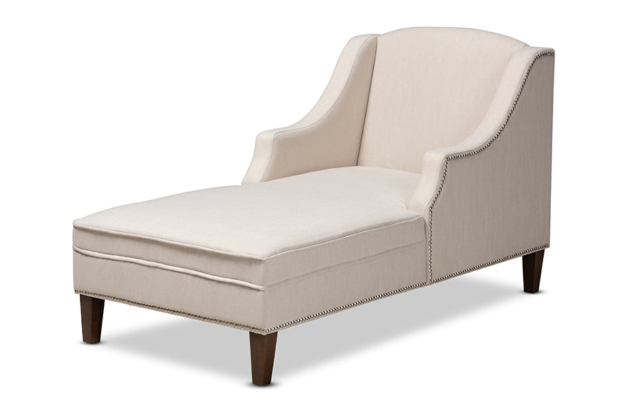 baxton studio leonie modern and contemporary beige fabric upholstered wenge brown finished chaise lounge | Modish Furniture Store-2