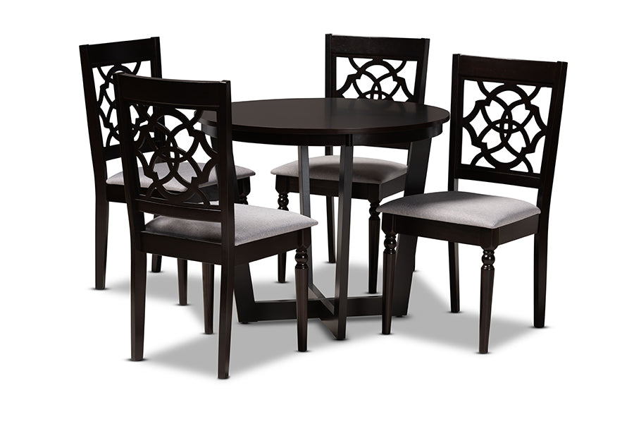 baxton studio valerie modern and contemporary grey fabric upholstered and dark brown finished wood 5 piece dining set | Modish Furniture Store-2