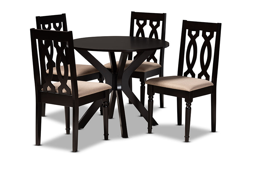 baxton studio callie modern and contemporary sand fabric upholstered and dark brown finished wood 5 piece dining set | Modish Furniture Store-2