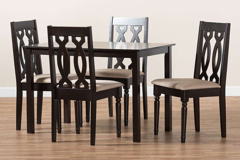 Baxton Studio Cherese Modern and Contemporary Sand Fabric Upholstered Espresso Brown Finished 5-Piece Wood Dining Set | Modishstore | Dining Sets