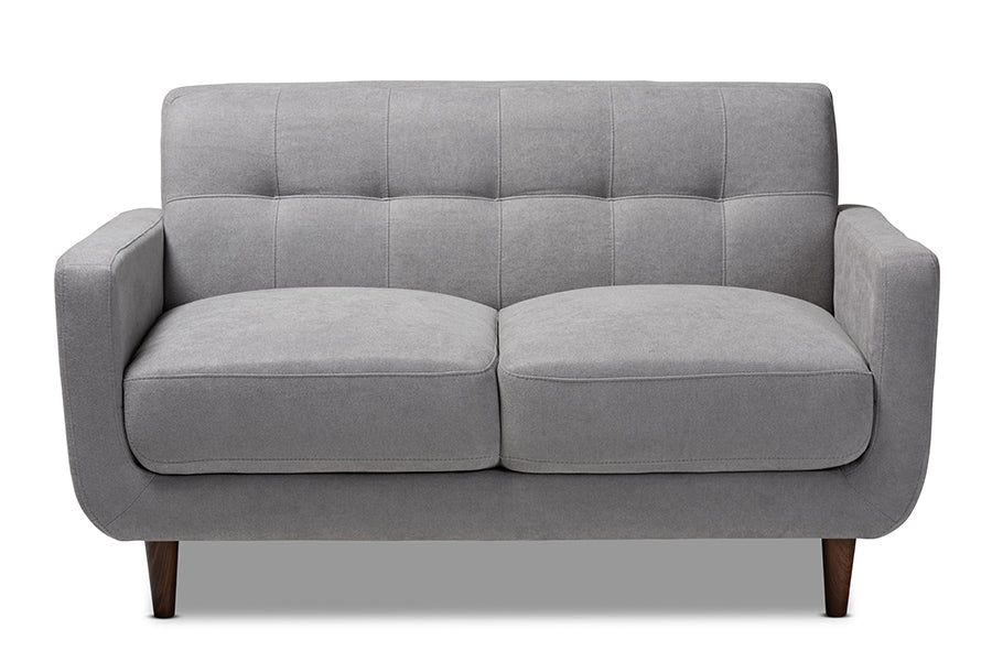 baxton studio allister mid century modern light grey fabric upholstered loveseat | Modish Furniture Store-3