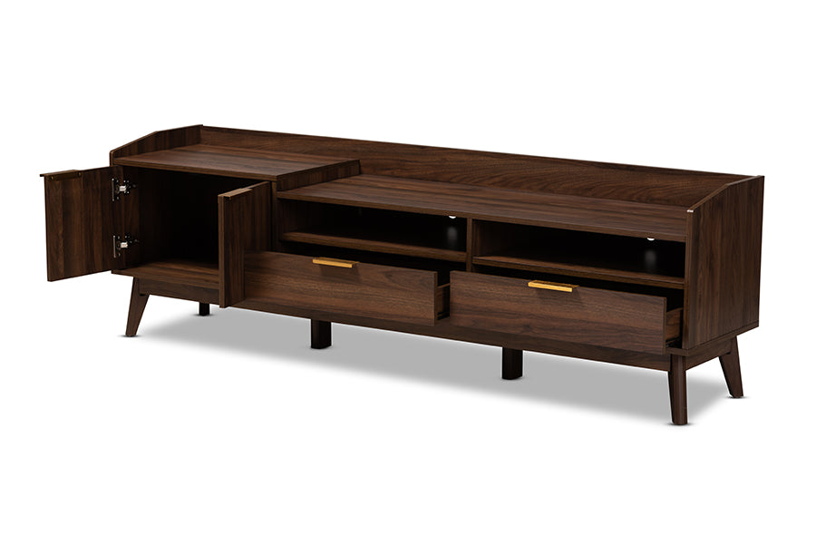 baxton studio lena mid century modern walnut brown finished 2 drawer wood tv stand | Modish Furniture Store-3