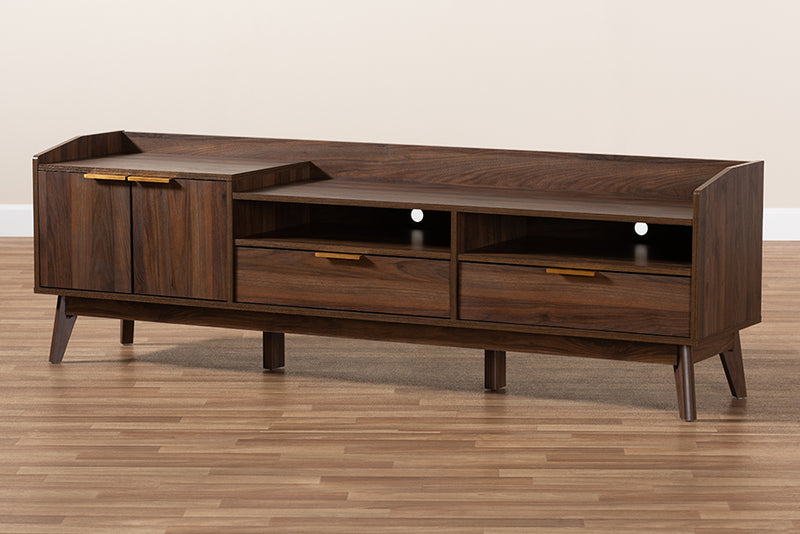 Baxton Studio Lena Mid-Century Modern Walnut Brown Finished 2-Drawer Wood TV Stand | Modishstore | TV Stands