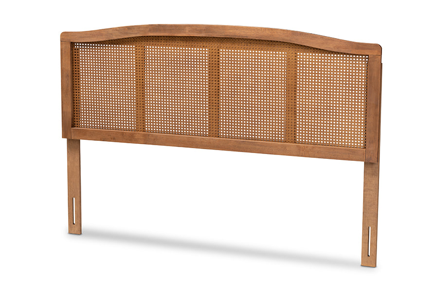 baxton studio marieke mid century modern ash wanut finished wood and synthetic rattan full size headboard | Modish Furniture Store-2