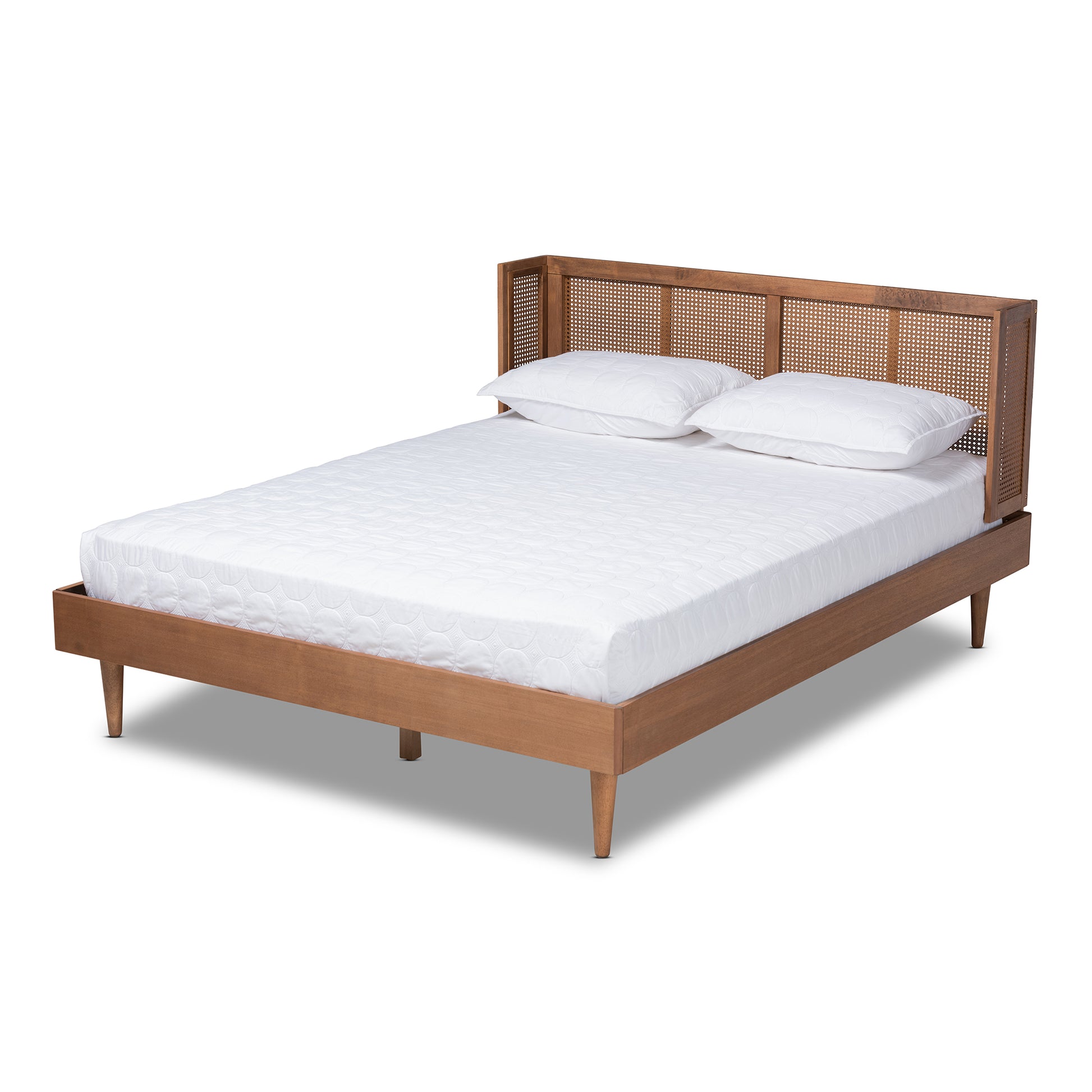 Baxton Studio Rina Mid-Century Modern Ash Wanut Finished Wood and Synthetic Rattan King Size Platform Bed with Wrap-Around Headboard | Beds | Modishstore