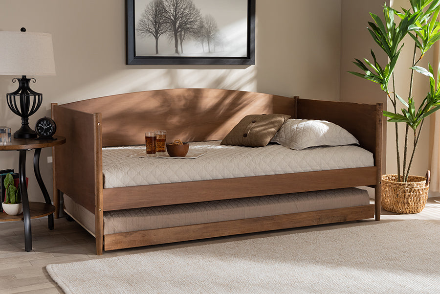 Baxton Studio Veles Mid-Century Modern Ash Wanut Finished Wood Daybed with Trundle | Modishstore | Beds