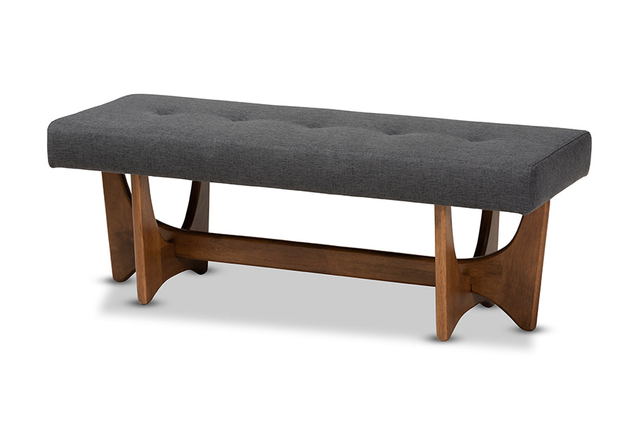 baxton studio theo mid century modern dark grey fabric upholstered walnut finished bench | Modish Furniture Store-2