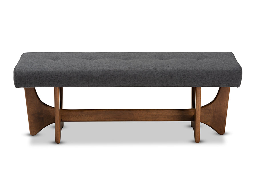 baxton studio theo mid century modern dark grey fabric upholstered walnut finished bench | Modish Furniture Store-3