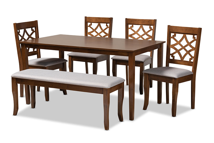 baxton studio dori modern and contemporary grey fabric upholstered and walnut brown finished wood 6 piece dining set | Modish Furniture Store-2