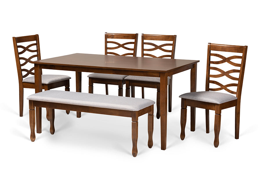 baxton studio lanier modern and contemporary grey fabric upholstered and walnut brown finished wood 6 piece dining set | Modish Furniture Store-2