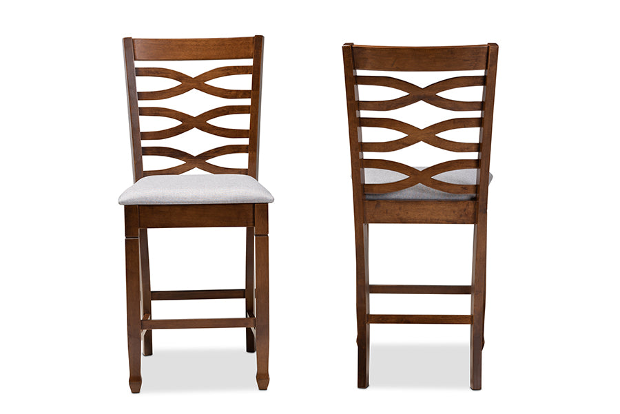 Baxton Studio Lanier Modern and Contemporary Grey Fabric Upholstered Walnut Brown Finished 2-Piece Wood Counter Height Pub Chair Set Set | Modishstore | Dining Chairs - 3