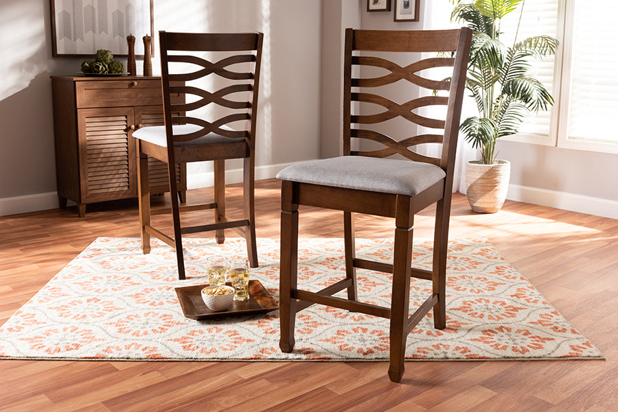 Baxton Studio Lanier Modern and Contemporary Grey Fabric Upholstered Walnut Brown Finished 2-Piece Wood Counter Height Pub Chair Set Set | Modishstore | Dining Chairs