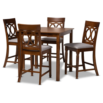 Baxton Studio Verina Modern and Contemporary Grey Fabric Upholstered Walnut Brown Finished 5-Piece Wood Pub Set | Dining Sets | Modishstore