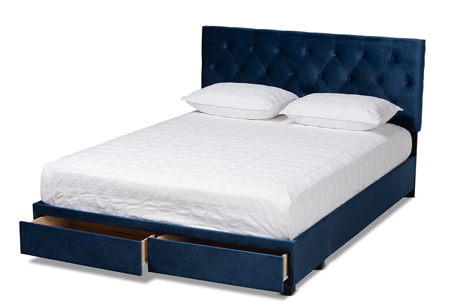 baxton studio caronia modern and contemporary navy blue velvet fabric upholstered 2 drawer king size platform storage bed | Modish Furniture Store-3