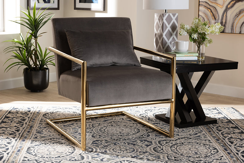 Baxton Studio Mira Glam and Luxe Grey Velvet Fabric Upholstered Gold Finished Metal Lounge Chair | Modishstore | Lounge Chairs